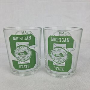 Vintage Michigan State University Whiskey Glasses Set Of 2 Green Logo